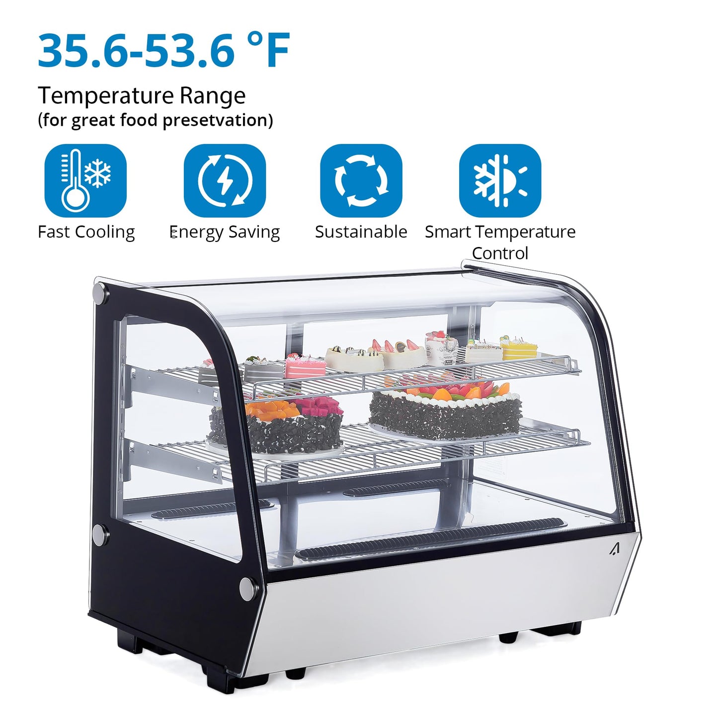 5.6 Cu.ft Refrigerated Display Case, Countertop Refrigerated Display Case, Commercial Cake Display Refrigerator with Curved Glass, LED Light, Adjustable Shelves, 0-12℃ for Bakery, Cafe, Dessert Shop