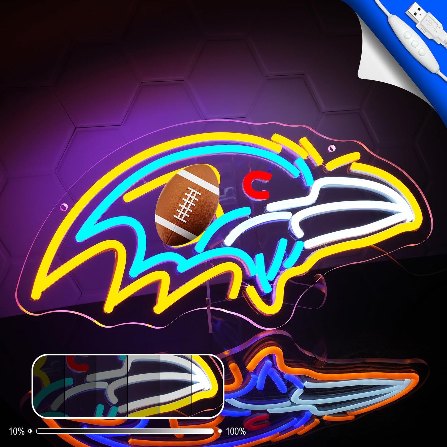 Football Neon Sign for Wall Decor - Team Merch Neon Acrylic USB Powered LED Wall Art Decor, Light Up Sign Dimmable, for Man Cave Game Room Bedroom Bar Club Party Fans 15.98" × 8.03"