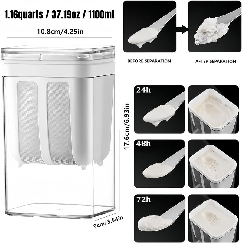 Yogurt Strainer—[1.16QT/0.29GAL] Total & [0.55QT/0.1375GAL] Filter, Greek Yogurt Strainer Yogurt Press, BPA-Free PP Strainer for Whey Separation & Greek Yogurt Maker(Total1.16QT)