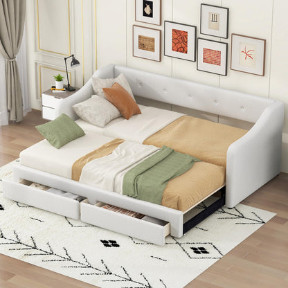 Twin XL to King Size Upholstered Daybed with Linen Fabric, 2 Storage Drawers, Extendable Platform Bed with Foam-Padded Back and Armrests, Sturdy Pine and MDF Frame, Sofa Bed for Users, Beige