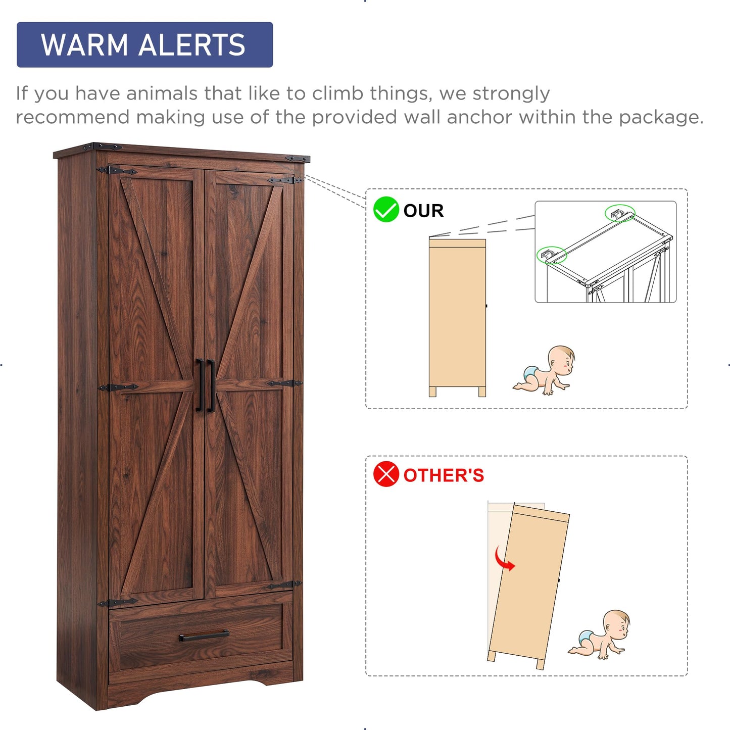 JXQTLINGMU Farmhouse Kitchen Pantry Cabinet - 72" Tall Wood Kitchen Storage Cabinets with Adjustable Shelves & 2 Barn Doors & Drawer, Versatile Storage for Dining Room, Bathroom, Rustic Brown