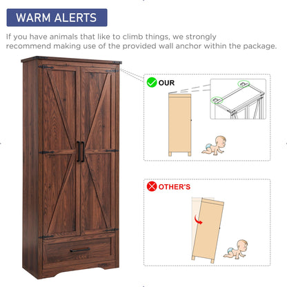 JXQTLINGMU Farmhouse Kitchen Pantry Cabinet - 72" Tall Wood Kitchen Storage Cabinets with Adjustable Shelves & 2 Barn Doors & Drawer, Versatile Storage for Dining Room, Bathroom, Rustic Brown