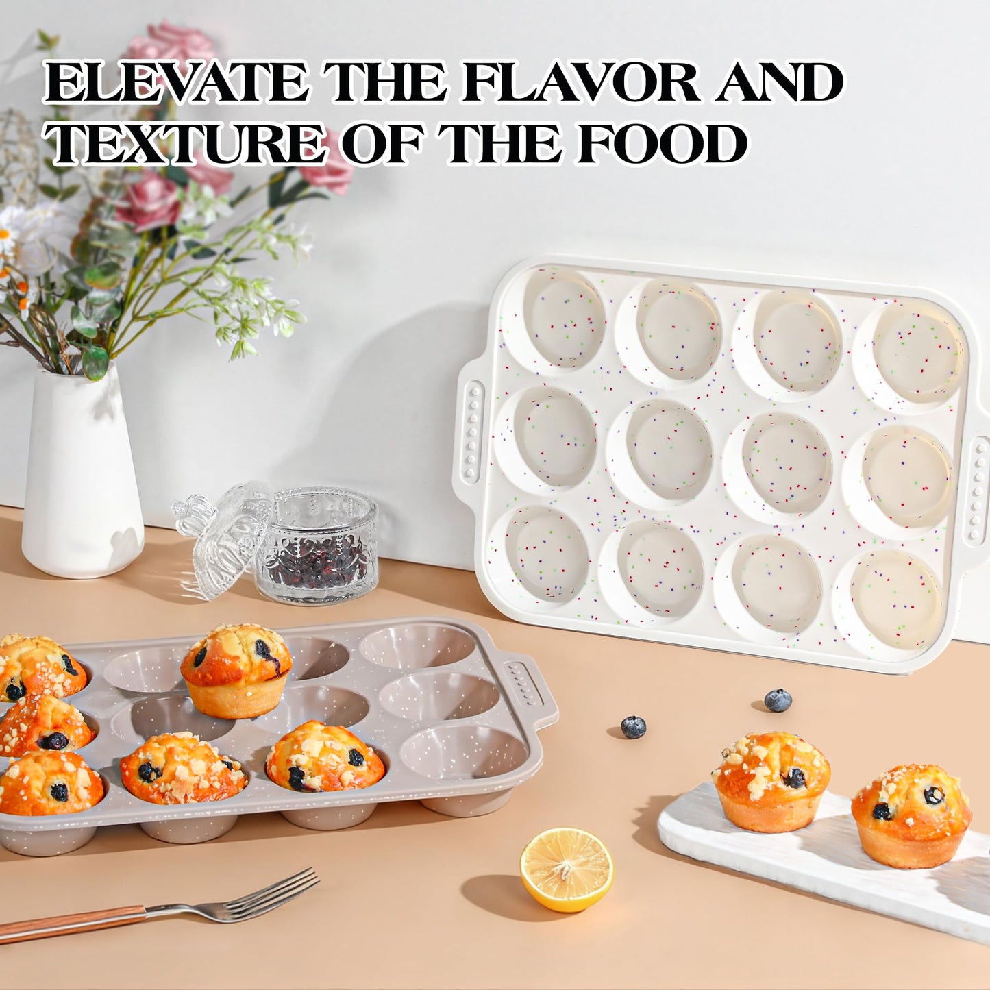 AOTASO 2 Pcs Silicone Muffin Pans for Baking with Metal Reinforced Frame, Nonstick Cupcake Tray for Oven, 12 Cups Regular Size Silicone Molds for Egg Bites, Dishwasher Safe (Brown, Cream)