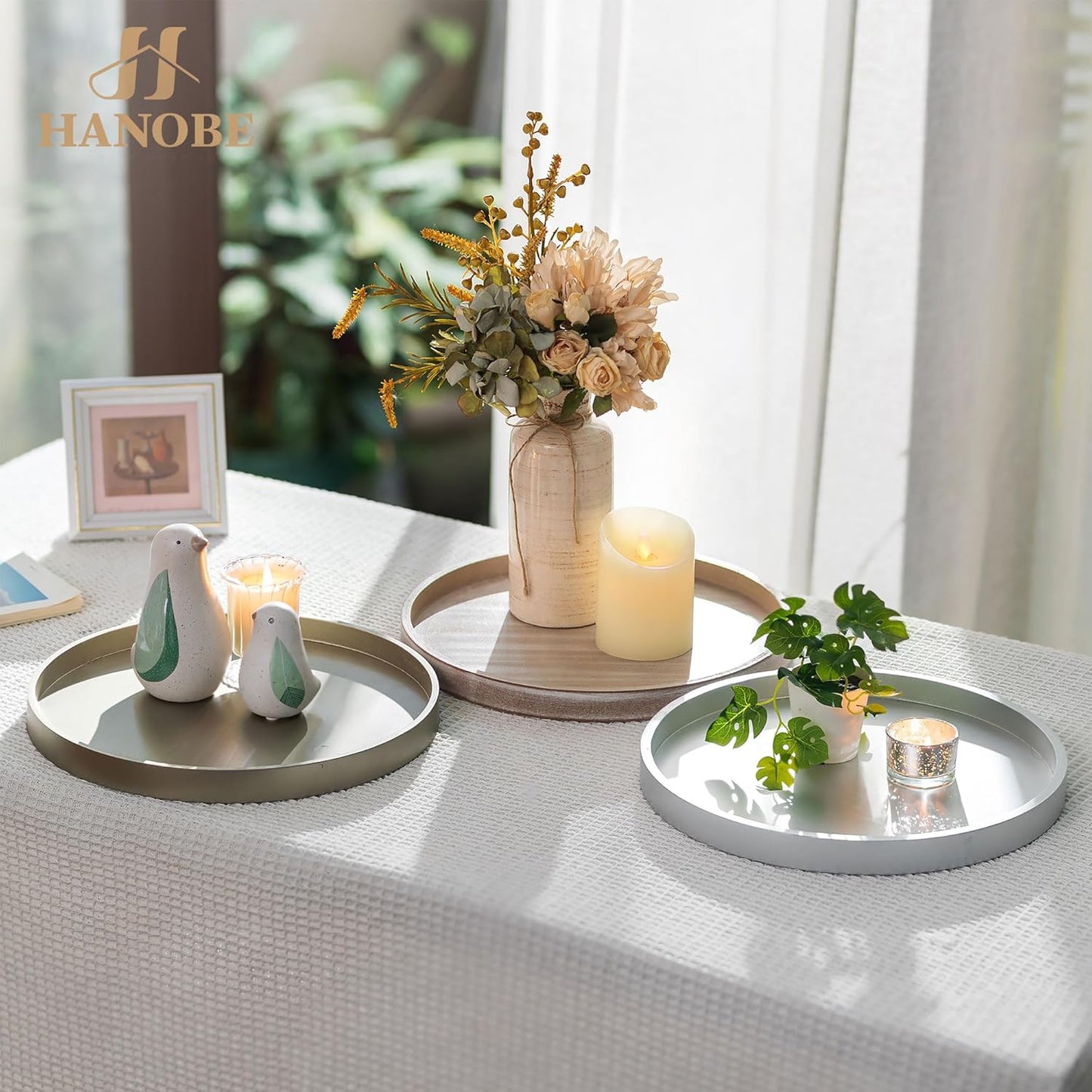 12" Hanobe Decorative Coffee Table Tray: Round Gold Tray for Home Decor - Circle Ottoman Trays for Entryway Table