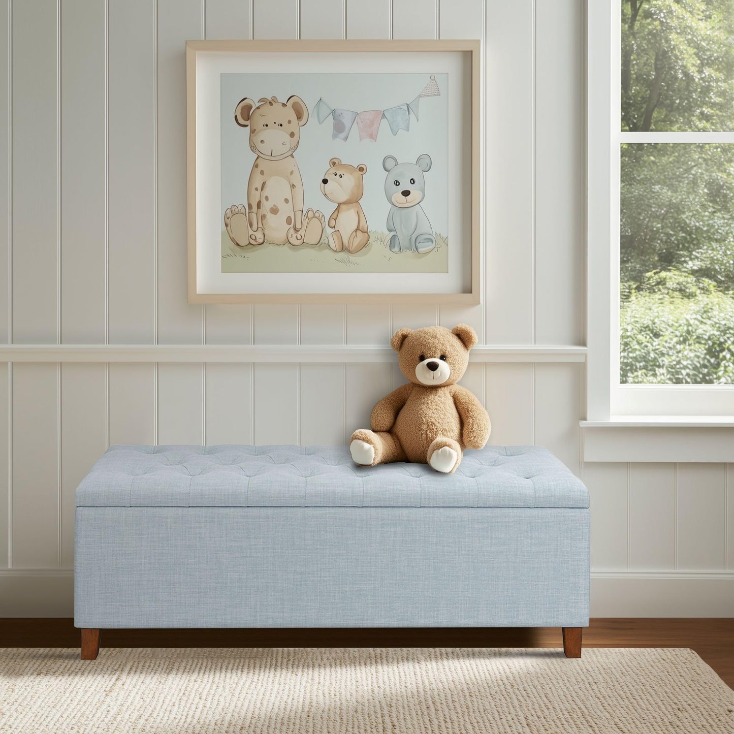 Madison Park Ottoman with Storage, Fabric Storage Bench with Solid Wood Legs, Large Capacity Storage Ottoman Bench for Entryway Bedroom Living Room Nursery, Padded Seat End of Bed Bench, Light Blue