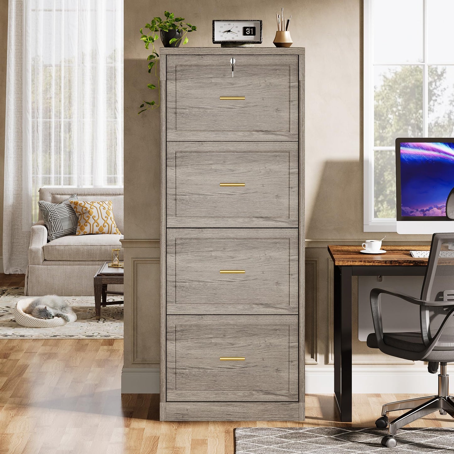 Tribesigns 4-Drawer File Cabinet with Lock, Locked File Cabinet with Key, Tall Wooden Filing Cabinets for Home Office, Vertical Office Storage for Legal Size/Letter/A4/Files, Grey