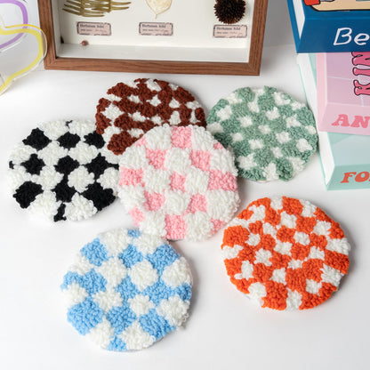 WATINC Checkerboard Punch Needle Coaster Kit - 22Pcs Crafts Punch Needle Coasters Kits for Beginners, Checkerboard Patterns Coaster Tufted Rug Pads with Adhesive Felt Yarns Embroidery Hoop Instruction