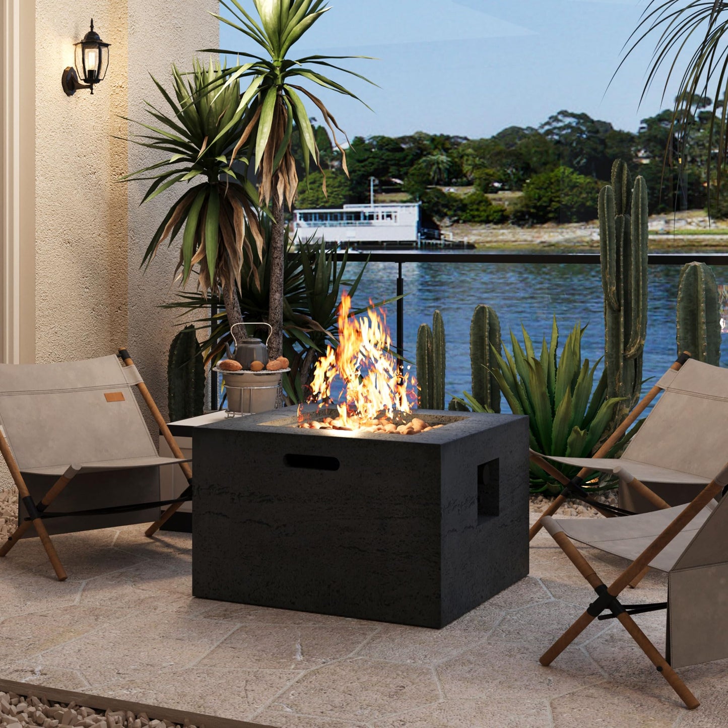 Merax MGO Outdoor Square Fire Pit with Steel Burner,Lightweight 24.02-inch Propane Fire Pit Table with Adjustable Flame, 40,000 BTU, Lava Rocks, and Rain Cover for Patio,Backyard, Poolside, Black