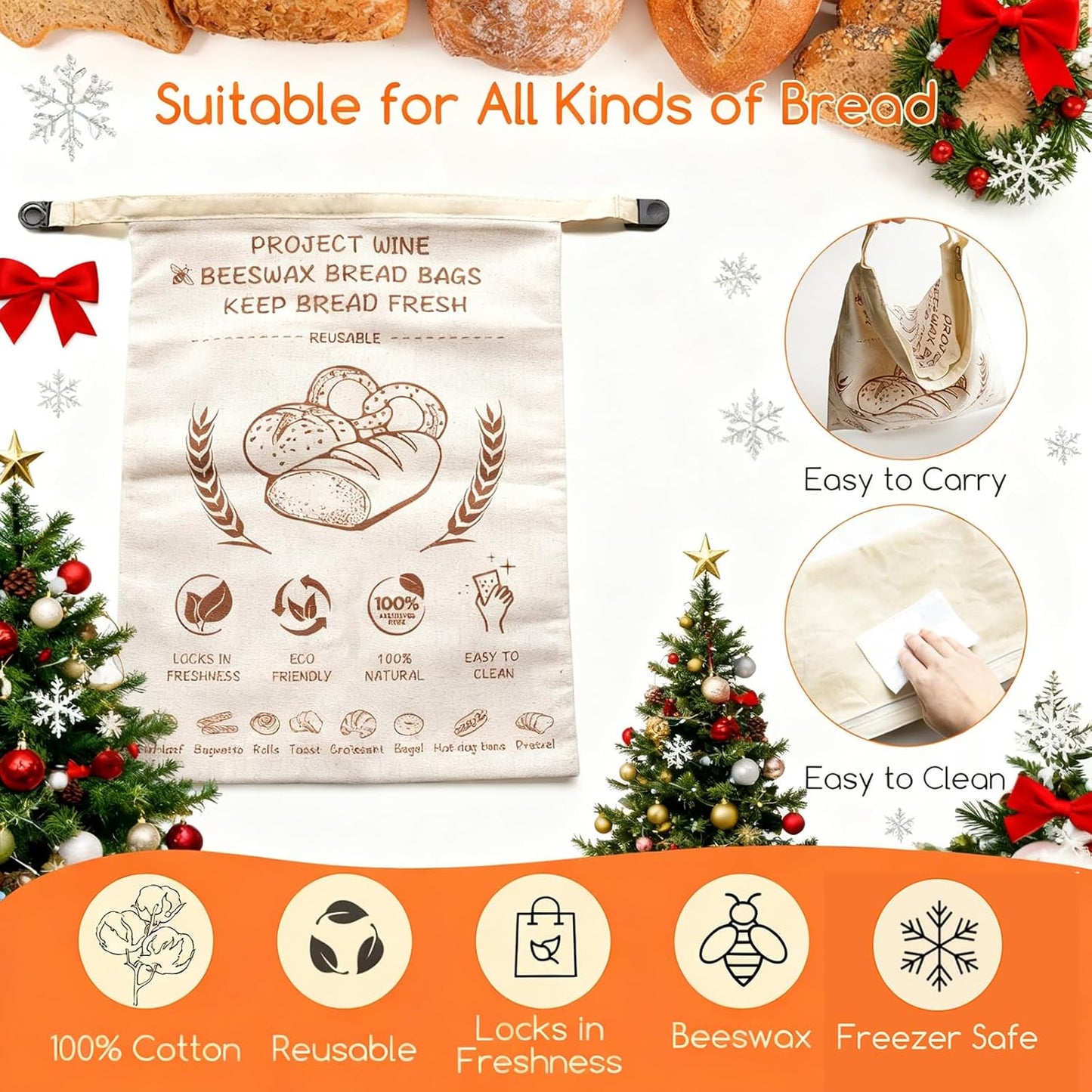 17x13 Inch Design2 Pack Beeswax Bread Bags for Sourdough & Homemade Bread - Reusable Natural Cotton Bees Wax Bags