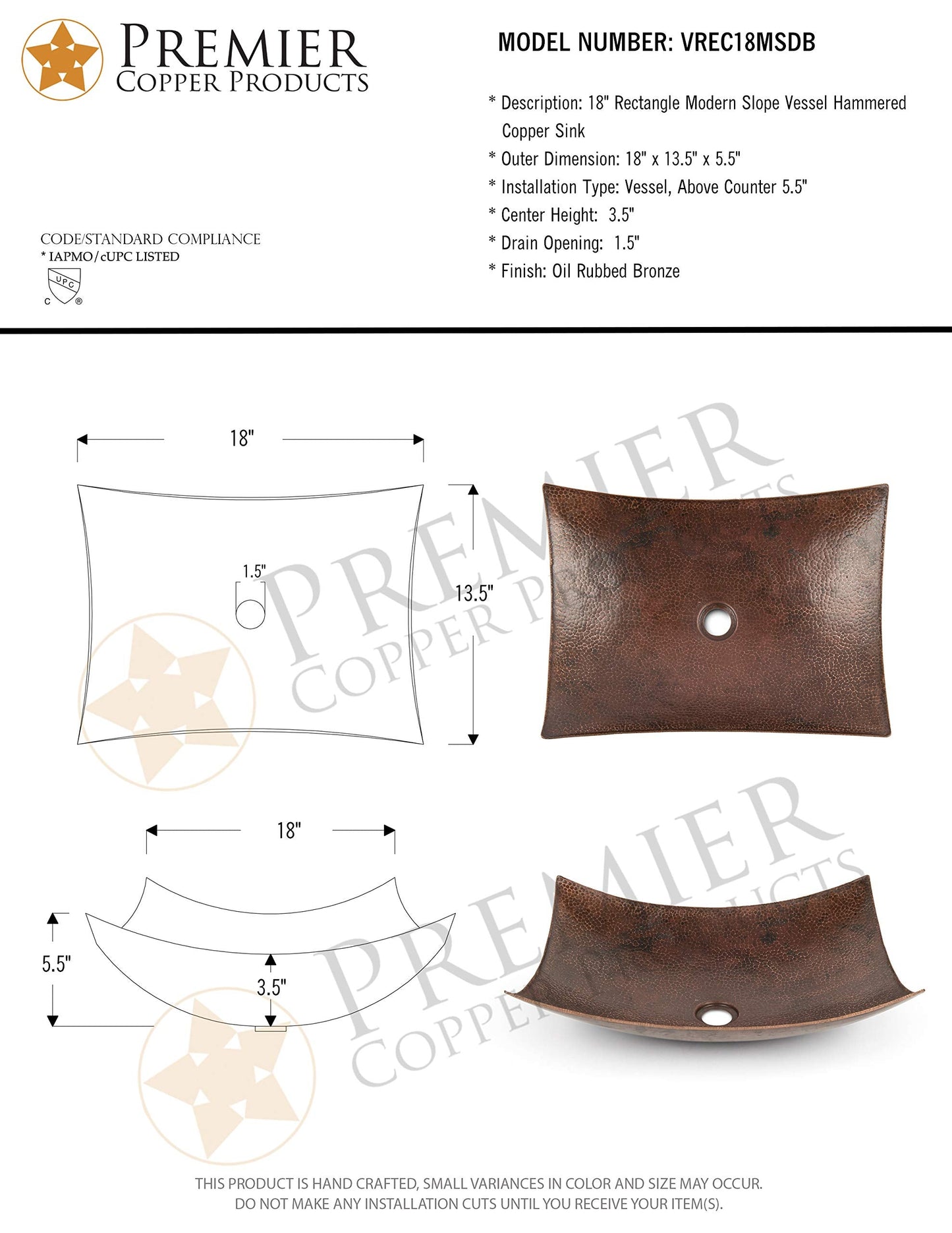 Premier Copper Products VREC18MSDB 18-inch Rectangle Modern Slope Hammered Copper Sink