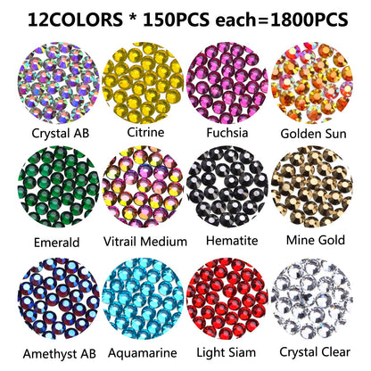 1800Pcs Hot Fix Glass Flatback Rhinestones HotFix Round Crystal Gems 5MM (12 Mixed Colors, 5mm SS20)