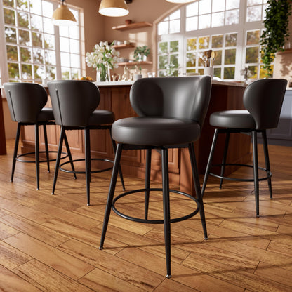 Sucrever Bar Stools Set of 4, 26" Counter Height Swivel Bar Stools, Upholstered Leather Barstools with Back Footrest Metal Legs, Stools for Kitchen Island, Home Bar, Dining Room Black