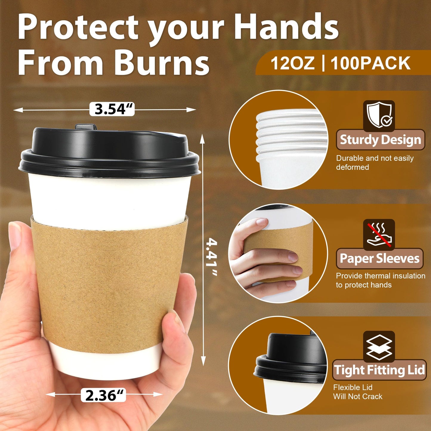 Clawsoff 100 Pack 12 oz Disposable Coffee Cups with Lids and Insulated Sleeves, Leak-free Paper and Sturdy Thick Paper Hot to Go Coffee Cups with Lids for Cold/Hot Beverage (White)