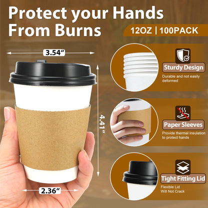 Clawsoff 100 Pack 12 oz Disposable Coffee Cups with Lids and Insulated Sleeves, Leak-free Paper and Sturdy Thick Paper Hot to Go Coffee Cups with Lids for Cold/Hot Beverage (White)