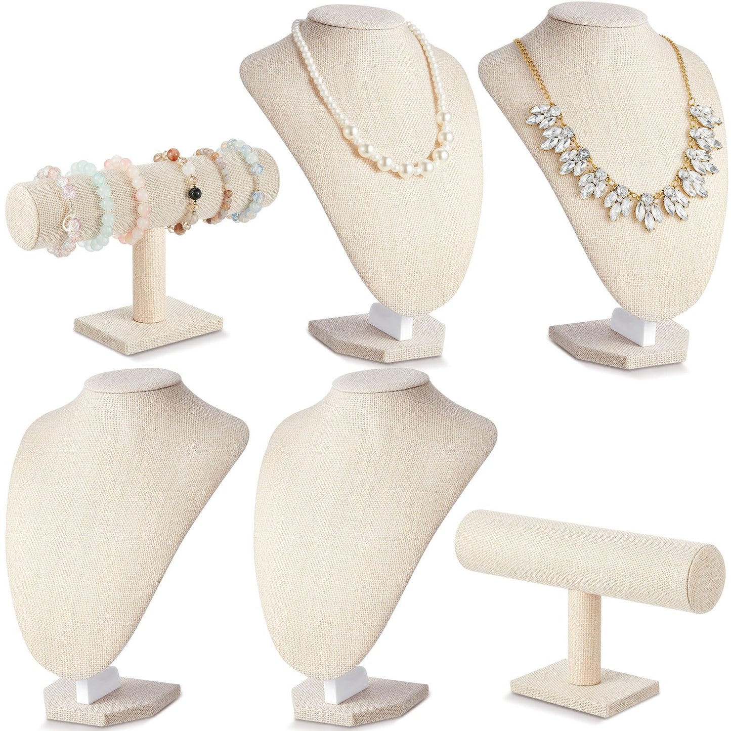 Huquary 6 Pcs Jewelry Display Set Necklace Display Stand T Bar Bracelet Holder Jewelry Bust for Home Store Trade Show(Linen)