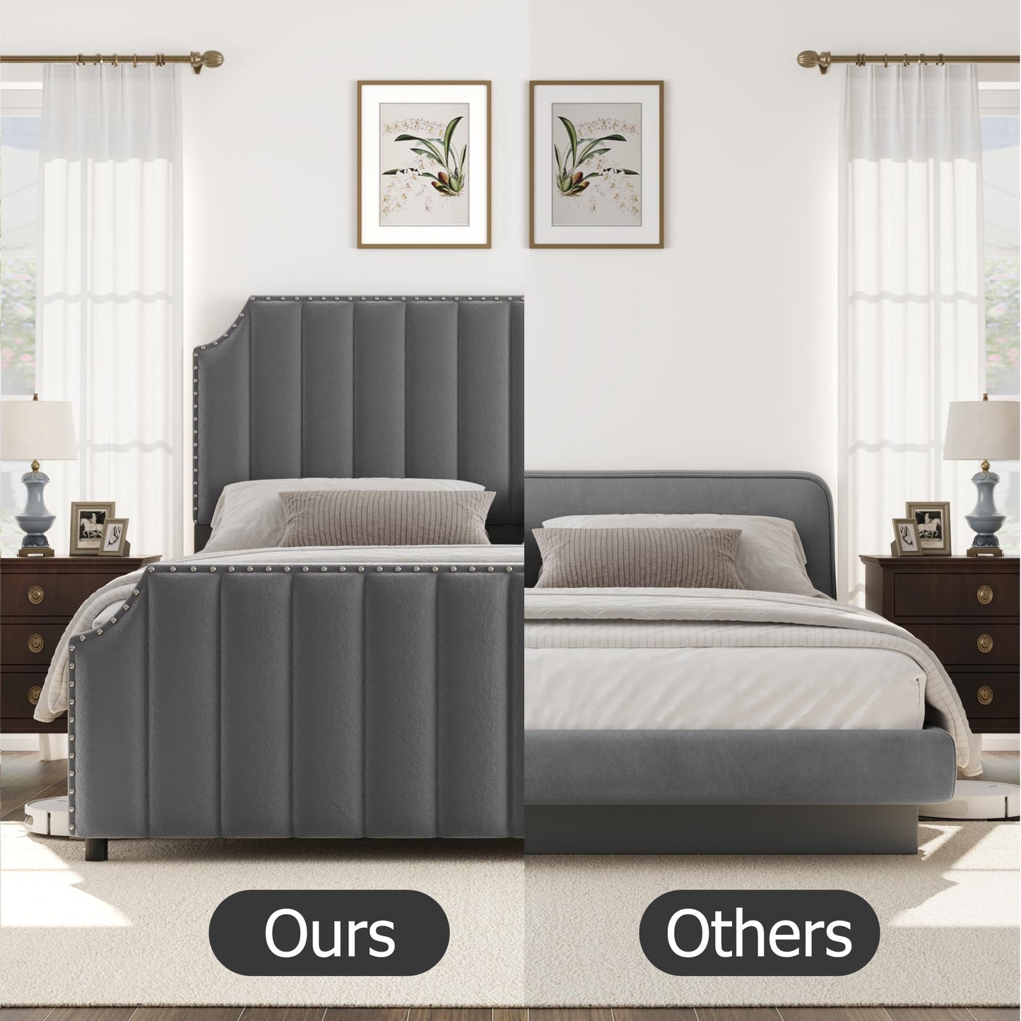 GarveeHome King Size Platform Bed Frame with 50.2 in Headboard, Velvet Upholstered Bed Frame with Vertical Channel Tufted Headboard & Footboard, Nailhead Trim, No Box Spring Needed, Grey