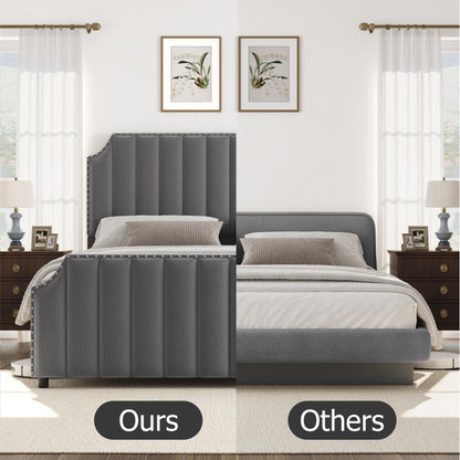 GarveeHome King Size Platform Bed Frame with 50.2 in Headboard, Velvet Upholstered Bed Frame with Vertical Channel Tufted Headboard & Footboard, Nailhead Trim, No Box Spring Needed, Grey