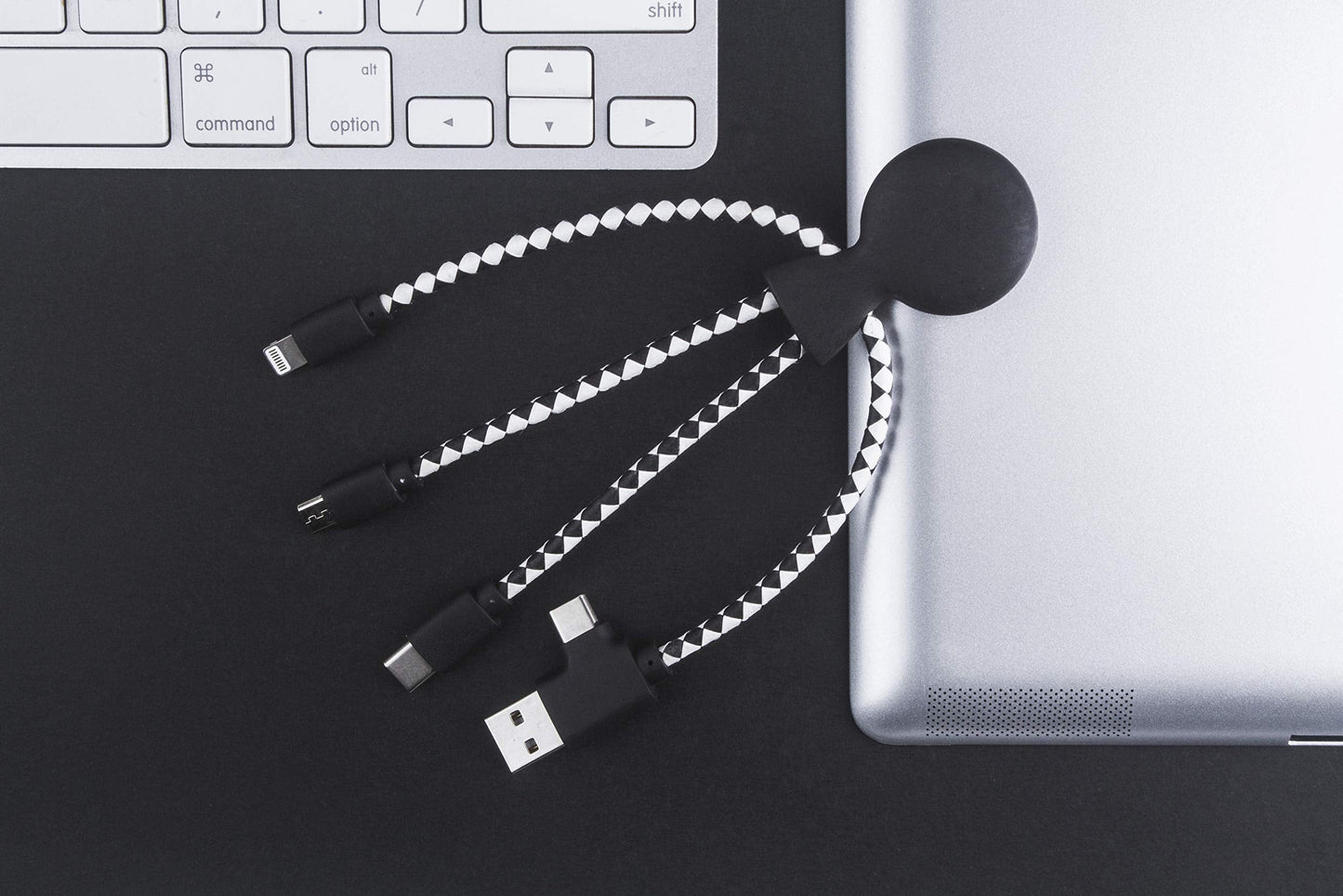 Xoopar Multi USB Cable 4 in 1 - Universal Charger Made from Recycled Plastic - USB, USB-C, Lighting, Micro USB Ports - Compatible with All Smartphones Mr Bio White Octopus