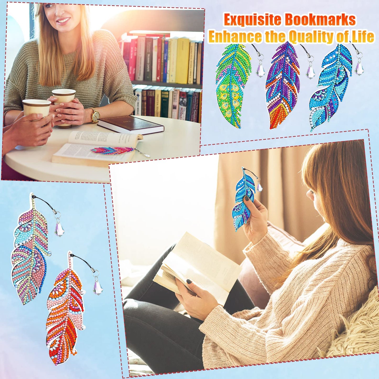 Tinlade 8 Pcs Feather Diamond Painting Bookmarks Kits DIY Diamond Art Bookmarks Handmade Craft Home Office Supplies for Book Lovers Adults Women