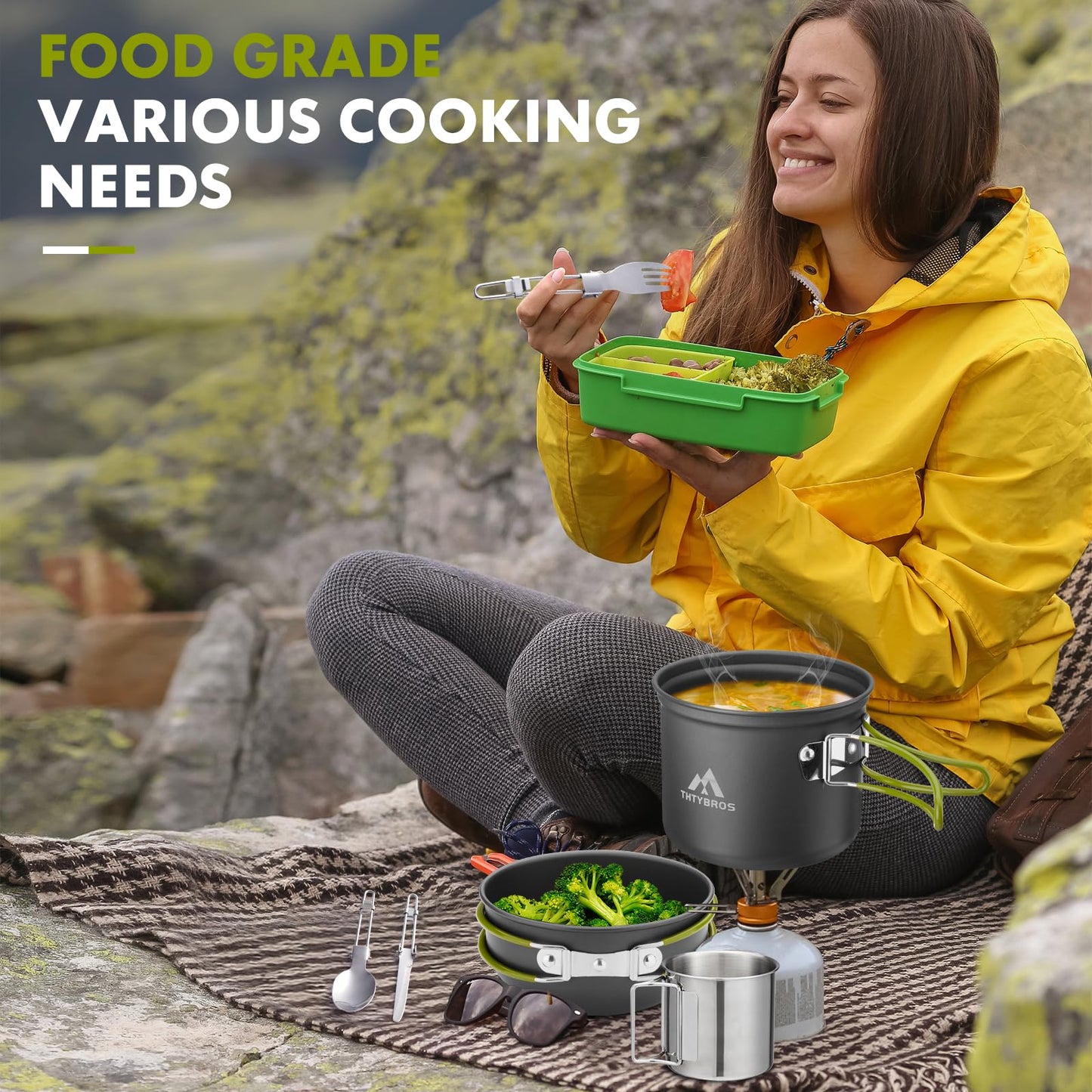 Camping Cookware Kit Backpacking, 0.33Gal Pots and 0.17Gal Pans Set,0.08Gal SUS304 Cup, Forks Knives Spoons for Hiking,Camping,Outdoor Cooking,Picnic,Solo Camping cookware