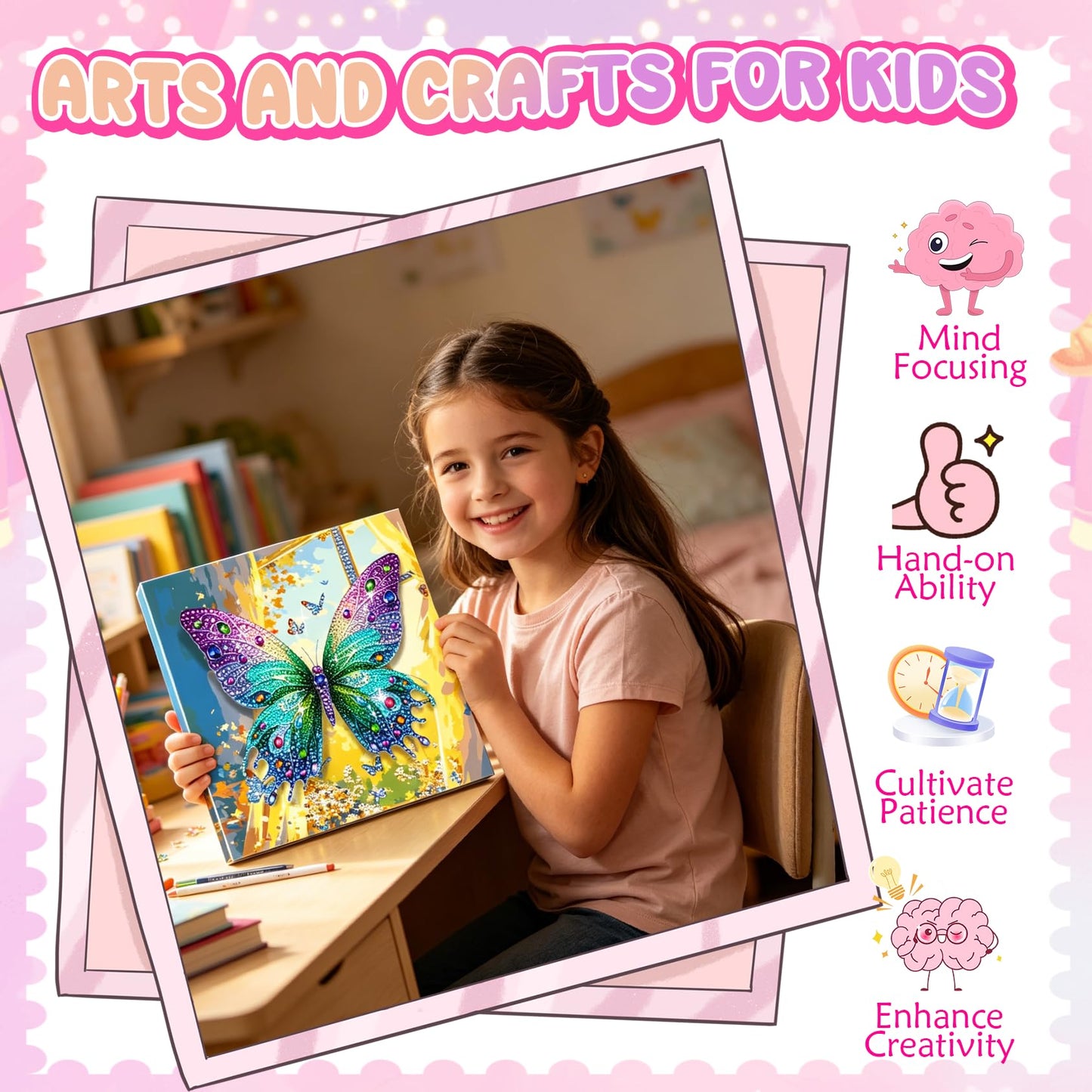 SJTYDX 5D Diamond Art Butterfly Kit with Frame, Sparkling Diamond Painting for Adults Beginners, DIY Gem Painting Craft with Easel, DIY Paint with Diamonds for Home Decor & Unique Gift, 7.8x7.8 Inc