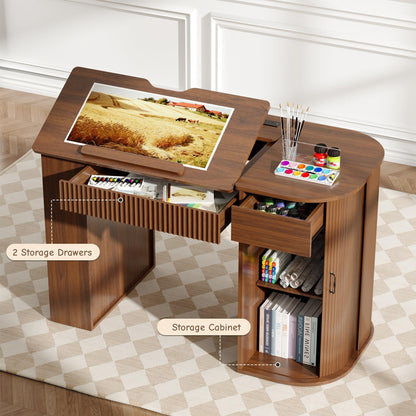 Lurinthal Drafting Table with Storage Cabinet & Drawers, Crafting Table with Open Shelves, Fluted Drawing Desk Computer Desk for Artists, Painters, Drawing, Crafting, Reading, Writing, Working