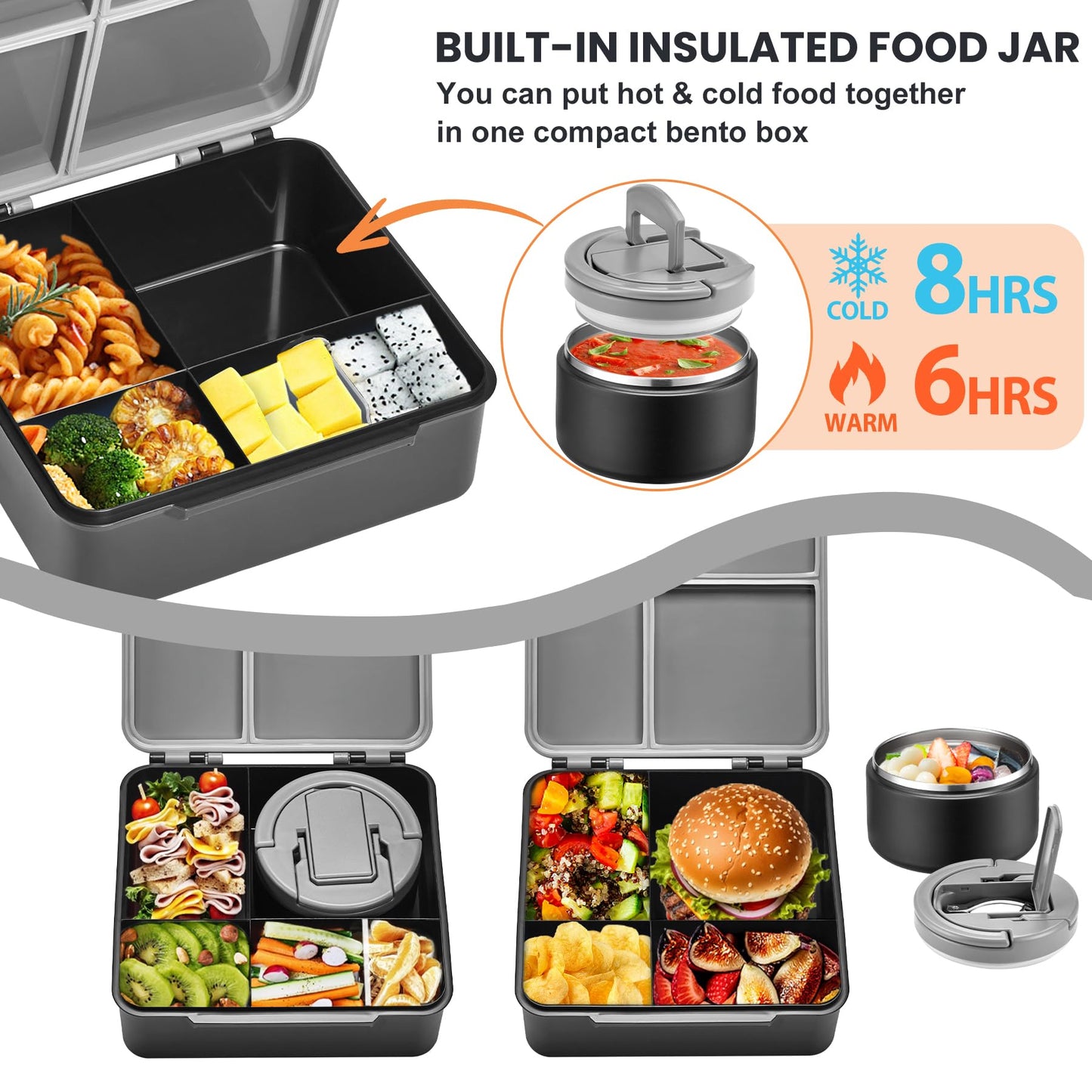 Bento Lunch Box with 8oz Soup Thermo,Kids Leakproof 4 Compartment Lunch Food Containers with Sauce Cup and Ice Pack,Kids Thermo Insulated Hot Food Jar and Lunch Bag for School,Trvael-Black