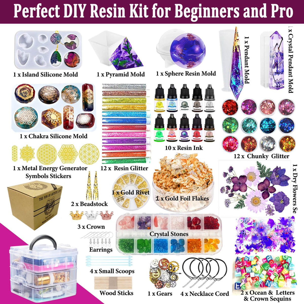 JILLSKY Resin Kit - Complete Resin Kits and Molds Set, 125pcs Resin Jewelry Making Kit for Beginners with Sphere, Pyramid, Crystal Molds & Epoxy Supplies for DIY Crafts