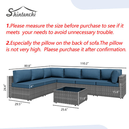 Shintenchi 7 Pieces Outdoor Patio Furniture Sets, Patio Sectional Sofa Couch, Gray PE Wicker Furniture Modular Patio Conversation Sets Patio Sofa with Washable Cushions, Aegean Blue