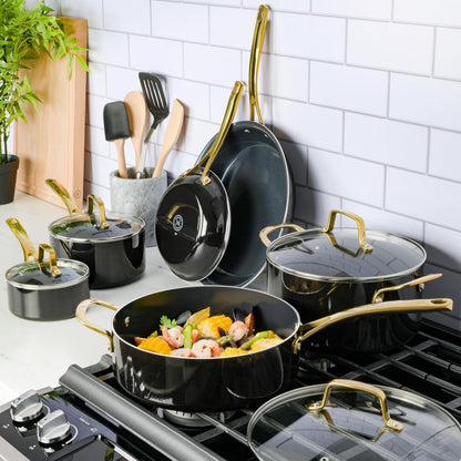 Martha Stewart Lockton 14-Piece Non-Stick Cookware Set - Heavy-Gauge Aluminum in Black with Gold Handles