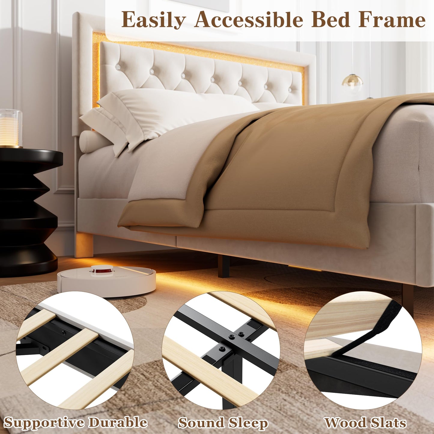 Garvee Floating Bed Frame Queen Size with Smart Led Lights, Upholstered Platform Bed with Diamond Headboard, Solid Wood Slats Support, No Box Spring Needed, Noise-Free, Easy Assembly, White