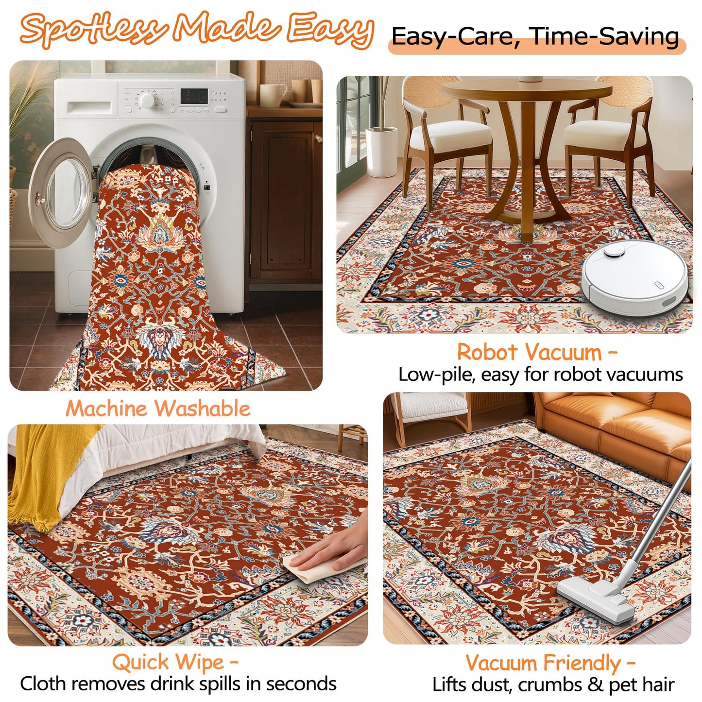 Washable 2x6 Hallway Runner Rug, Non-Slip Low Pile Cozy Kitchen Runner Rug, Brick Red Boho Vintage Floral, Ultra Soft, Stain Resistant, Pet & Kid Friendly Rugs for Bedroom Bathroom Laundry Room