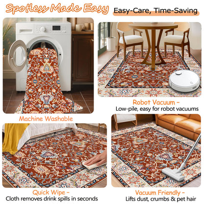 Washable 2x6 Hallway Runner Rug, Non-Slip Low Pile Cozy Kitchen Runner Rug, Brick Red Boho Vintage Floral, Ultra Soft, Stain Resistant, Pet & Kid Friendly Rugs for Bedroom Bathroom Laundry Room