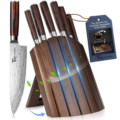 SYOKAMI 2026 Upgrade Knife Set 7 Piece Japanese Style Kitchen Knife Set With Foldable Magnetic Acacia Wood Block Sharp High Carbon Stainless Steel Chef Knives Set with Anti-slip Handle, Gift for Mom