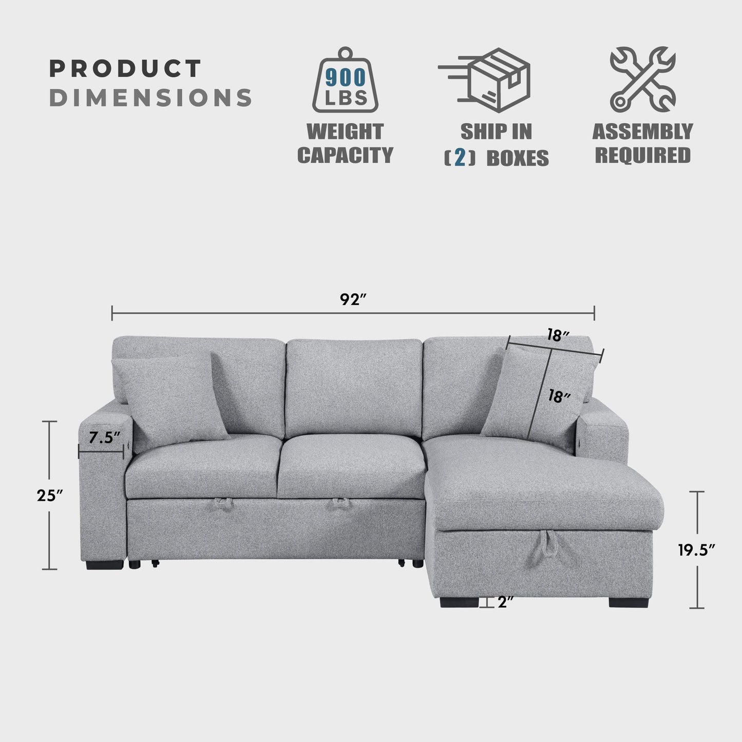 Lexicon 92.5" W L Shape Sectional Couch with Right Storage Chaise and Pull Out Sofa Bed, Sectional Sleeper Sofa with Memory Foam Seat Cushion, Charging Port, Storage Shelf for Living Room, Gray