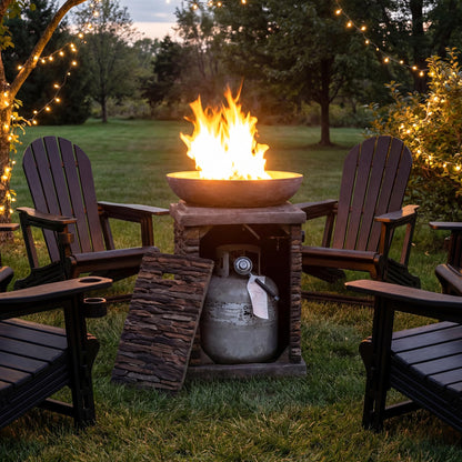 COSIEST Outdoor Propane Fire Pit Table w Faux Brown Compact Ledge Stone 20" Square Base and Faux Rose-Marble Round Bowl, Certified, 40,000 BTU, Free Lava Rocks, Fits 20lb Tank Inside, Raincover