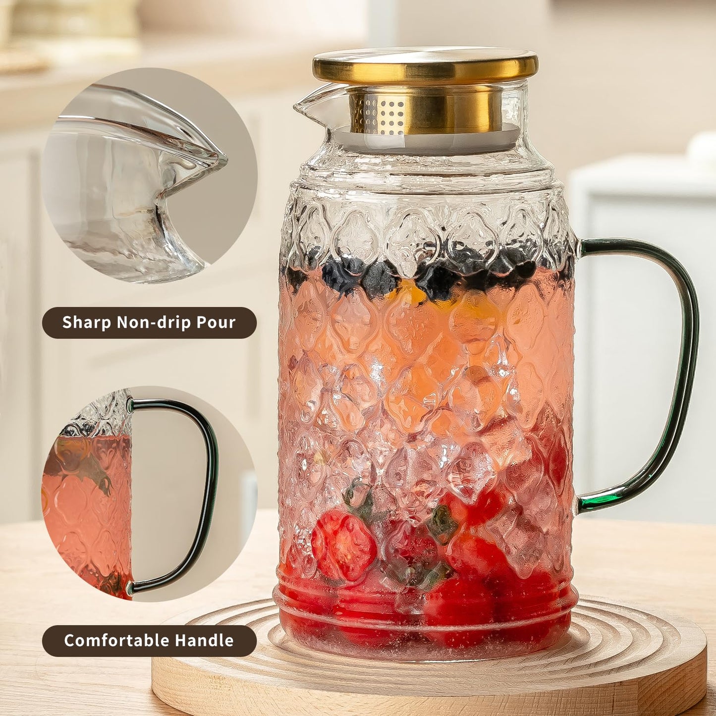 Buaic Glass Pitcher with Lid, 2 PACK 68 oz/2 Liter Vintage Water Pitcher, Clear Borosilicate Glass Water Carafe for Cold Brew, Coffee, Lemonade, Iced Sun Tea,Beverage, Milk, Heat Resistant