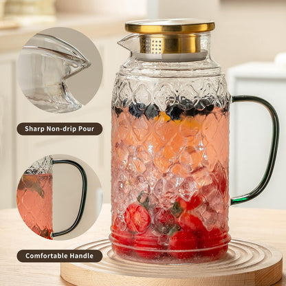Buaic Glass Pitcher with Lid, 2 PACK 68 oz/2 Liter Vintage Water Pitcher, Clear Borosilicate Glass Water Carafe for Cold Brew, Coffee, Lemonade, Iced Sun Tea,Beverage, Milk, Heat Resistant