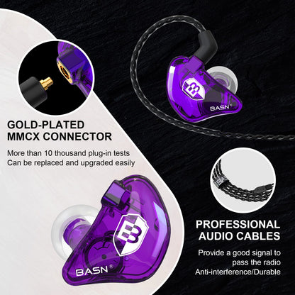 BASN in Ear Monitor Headphones for Musicians Audiophiles Drummers, Bsinger Pro Noise Isolating Earbuds with Dual Driver Dynamic Crystal Clear Sound (Pro Clear Purple)