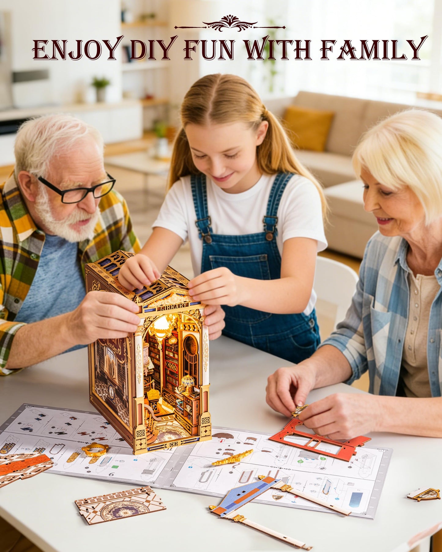 Rolife DIY Book Nook Kit - Library of Wonders 3D Wooden Puzzle | Baroque Miniature House with Grand Chandelier & Touch LED | 10.4" Bookshelf Insert Decor | Creative Gift for Adults (258 Pcs)
