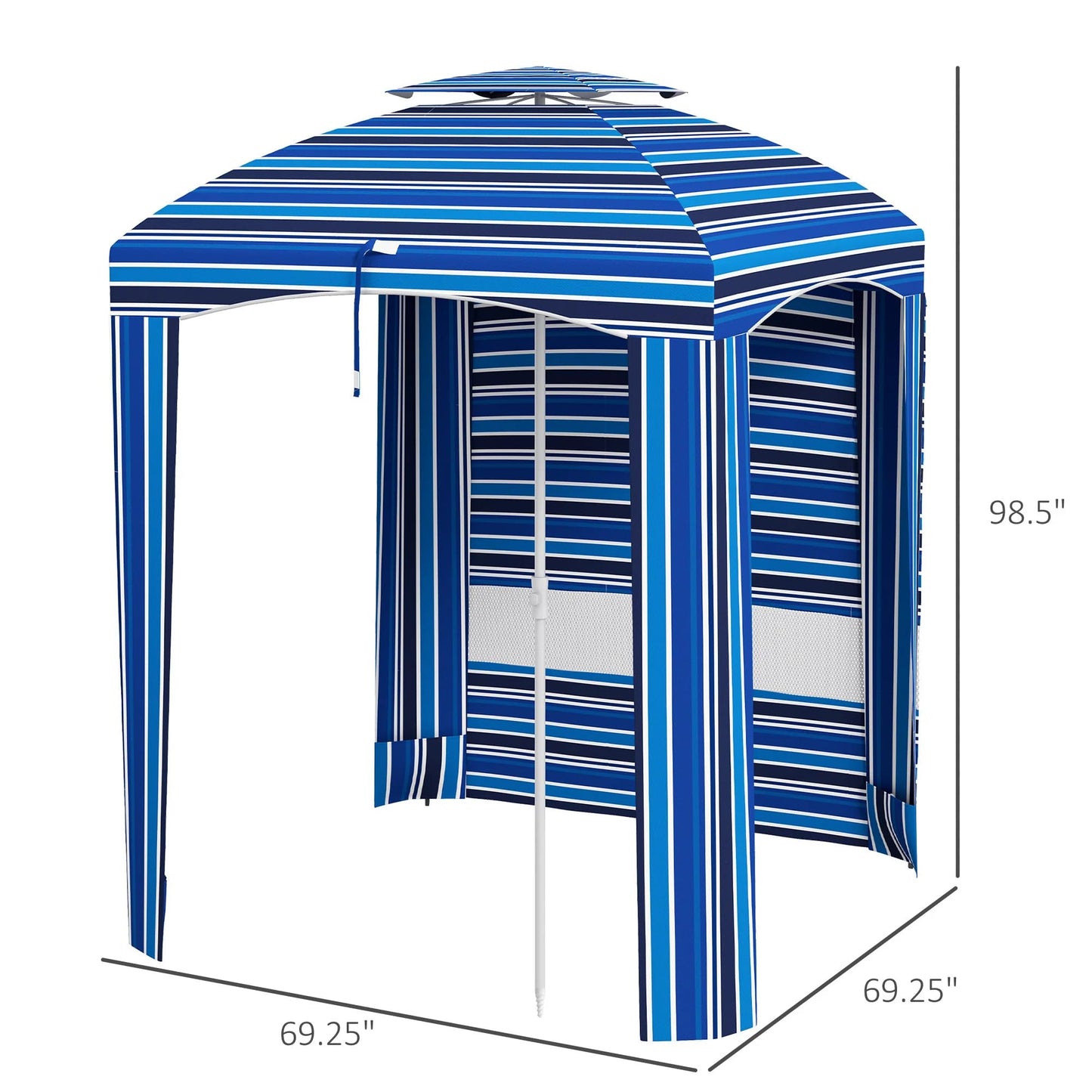 leoglint 5.8' x 5.8' Portable Beach Outdoor Umbrella with Double-Top, Ruffled Outdoor Cabana with Walls, Vents, Sandbags, Carry Bag, Blue Stripe