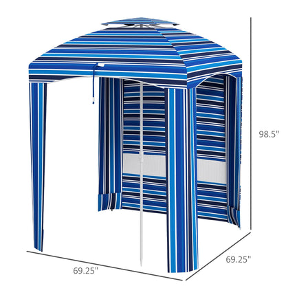 leoglint 5.8' x 5.8' Portable Beach Outdoor Umbrella with Double-Top, Ruffled Outdoor Cabana with Walls, Vents, Sandbags, Carry Bag, Blue Stripe