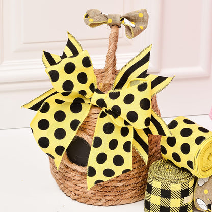 Ribest Bumble Bee Ribbon Wired, 2-1/2 Inch Polka Dot Striped Plaid Black and Yellow Decorative Ribbon for Wreaths Crafts Gift Wrapping Bows Making Summer Decoration, 4 Rolls Total 20 Yard
