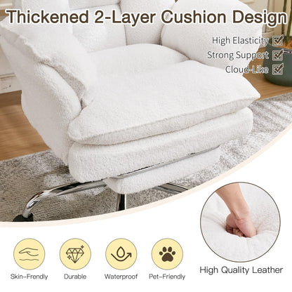 Ergonomic Cloud Cross Legged Office Chair with Footrest,Teddy Fleece Big and Tall Executive Chair with Wheels,Reversible Armrest,155° Reclining Computer Wide Desk Chair for Home,Office (White)