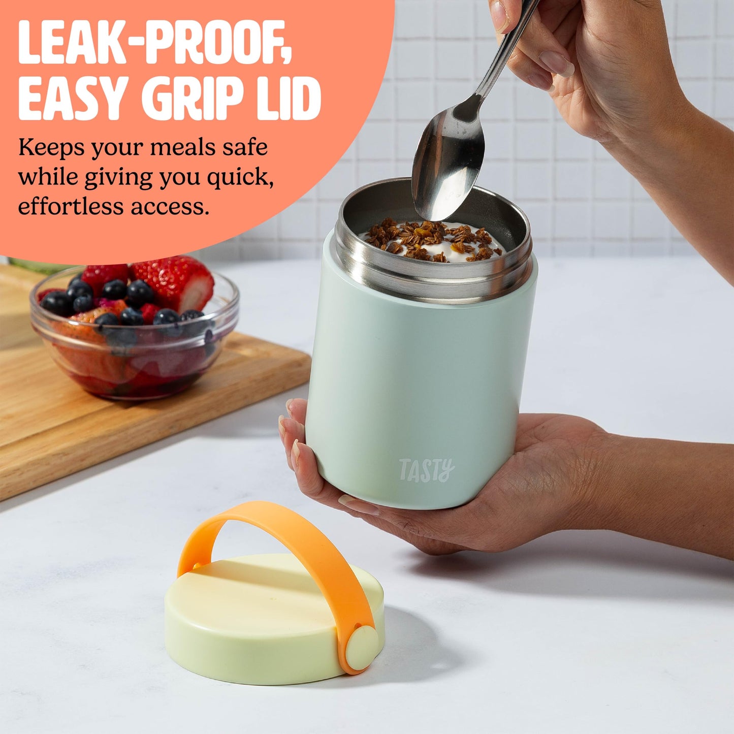 Tasty Food Jar with Folding Handle, Portable Snack Travel or Lunch Container, Stainless Steel Insulated Vacuum with Leak-Proof Lid, Keeps Food Hot or Cold for Hours, 15-Ounce, Aqua