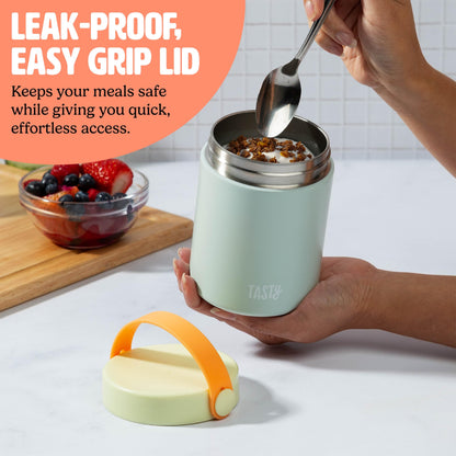 Tasty Food Jar with Folding Handle, Portable Snack Travel or Lunch Container, Stainless Steel Insulated Vacuum with Leak-Proof Lid, Keeps Food Hot or Cold for Hours, 15-Ounce, Aqua