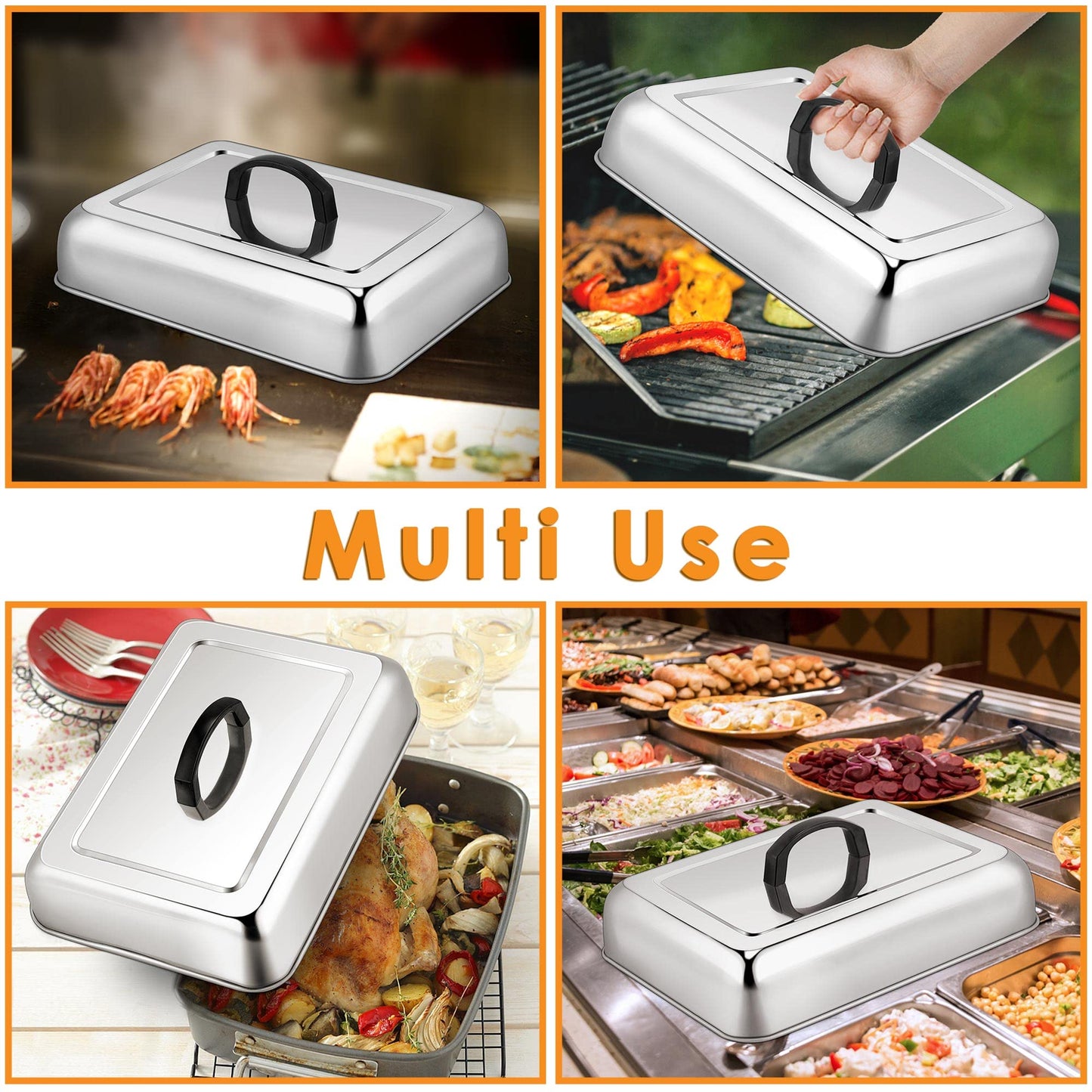 Leonyo 13" x 9" Rectangular Basting Cover Set of 2, Stainless Steel Heavy Duty Metal Cheese Melting Dome Lid for Outdoor & Indoor, Food Cover for Griddle, Dishwasher Safe