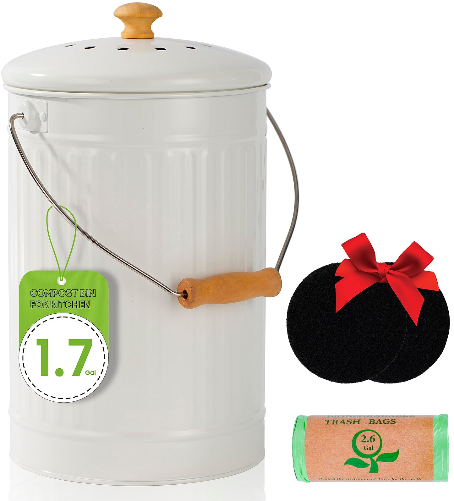 TreaHome 1.7 Gallon Kitchen Compost Bin, Indoor Countertop Compost Bin with Lid, 100% Rust Proof Compost Bucket with Non-Smell Charcoal Filters (White)