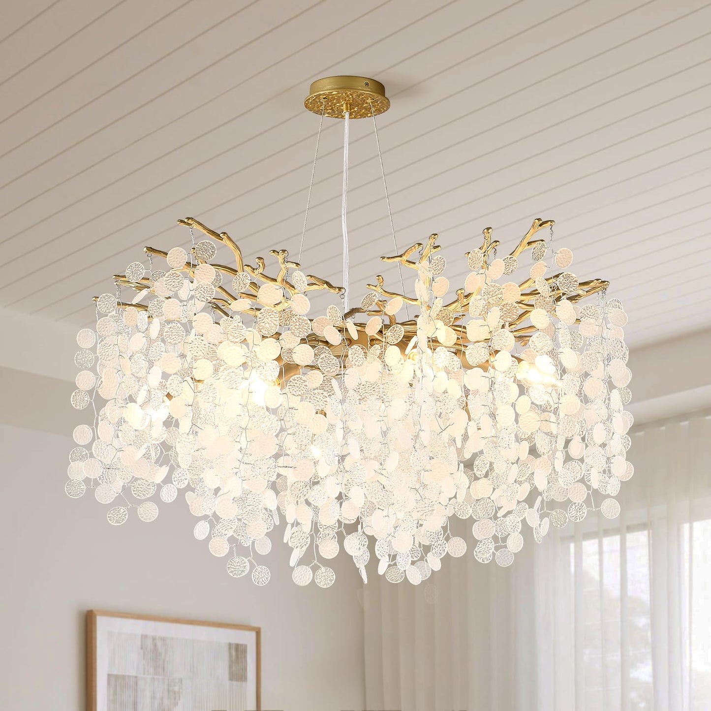 VBKK 32 Inch Gold Crystal Chandelier, 10-Light Coastal Chandeliers for Dining Room, Large Modern Tree Branch Light Fixtures, Seashell Chandelier for Entryway Foyer Bathroom Living Room, E12