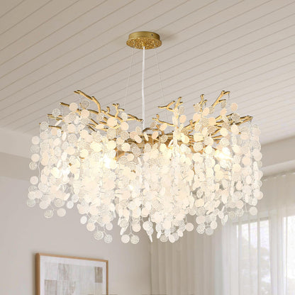 VBKK 32 Inch Gold Crystal Chandelier, 10-Light Coastal Chandeliers for Dining Room, Large Modern Tree Branch Light Fixtures, Seashell Chandelier for Entryway Foyer Bathroom Living Room, E12